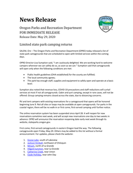 News Release Oregon Parks and Recreation Department for IMMEDIATE RELEASE Release Date: May 29, 2020
