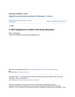 A 2009 Supplement to Birds of the Rocky Mountains