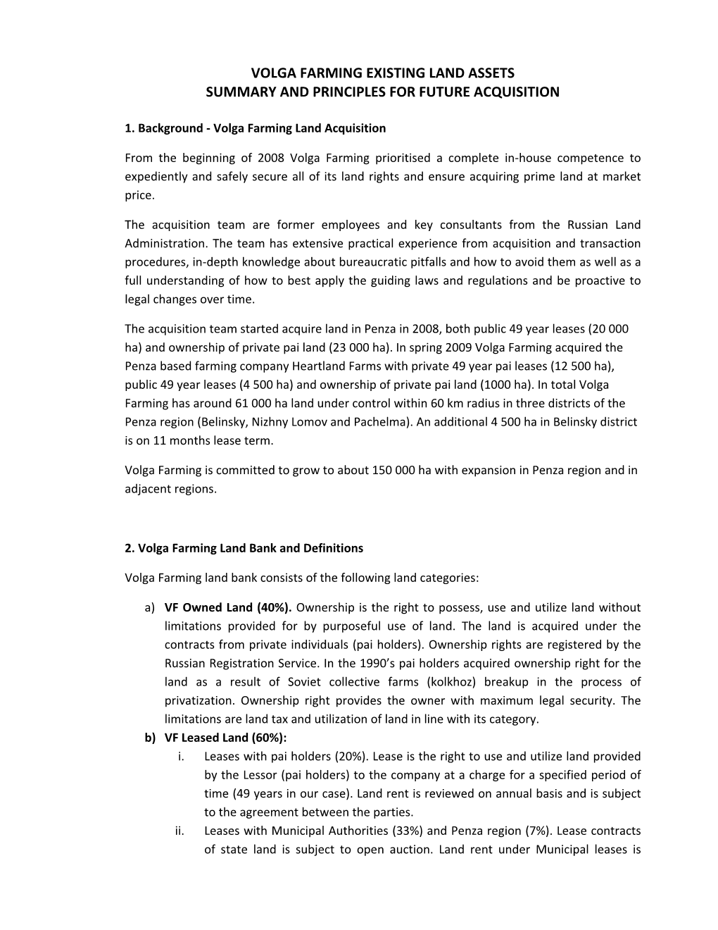 Volga Farming Existing Land Assets Summary and Principles for Future Acquisition