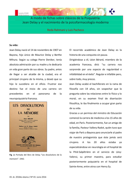 A Modo De Fichas Sobre Clásicos De La Psiquiatría: Jean Delay Y El Nacimiento De La Psicofarmacología Moderna