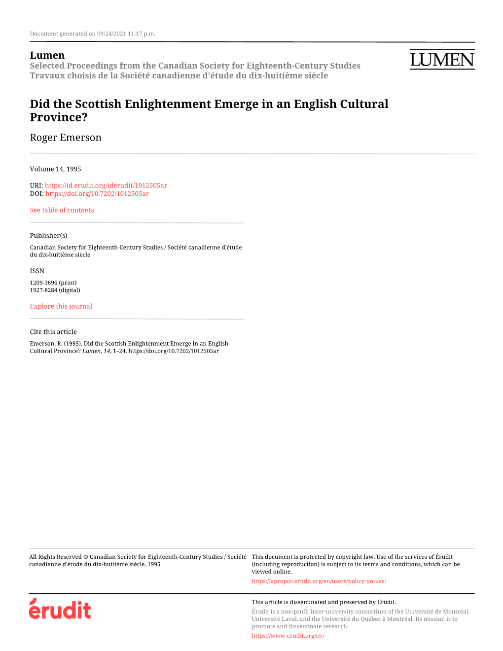 Did the Scottish Enlightenment Emerge in an English Cultural Province? Roger Emerson