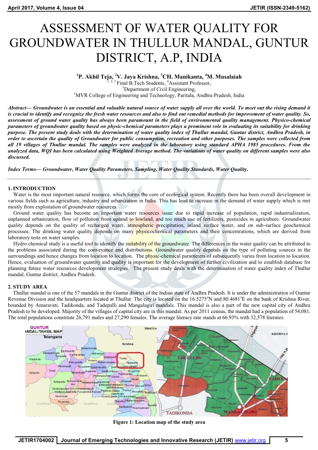 Assessment of Water Quality for Groundwater in Thullur Mandal, Guntur District, A.P, India