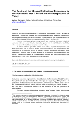 “Original Institutional Economics” in the Post-World War II Period and the Perspectives of Today,’ Economic Thought, 7.1, Pp