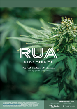 Product Disclosure Statement Initial Public Offering of Ordinary Shares in Rua Bioscience Limited