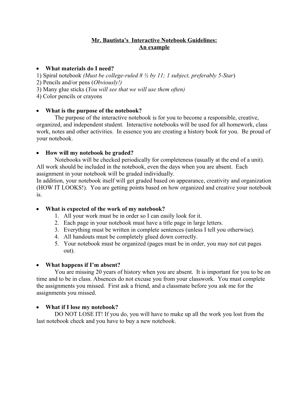 Interactive Notebook and Classroom Guidelines