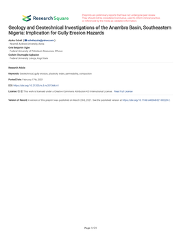 Geology and Geotechnical Investigations of the Anambra Basin, Southeastern Nigeria: Implication for Gully Erosion Hazards