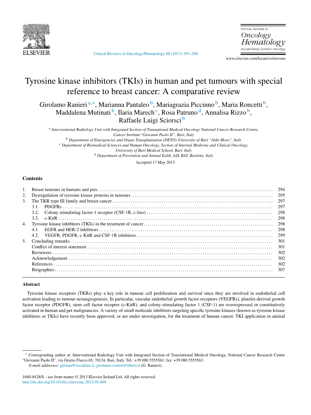 Tyrosine Kinase Inhibitors (Tkis) in Human and Pet Tumours with Special