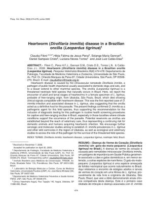 Heartworm (Dirofilaria Immitis) Disease in a Brazilian Oncilla (Leopardus Tigrinus)1