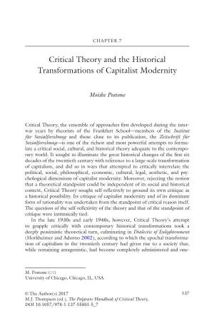 Critical Theory and the Historical Transformations of Capitalist Modernity