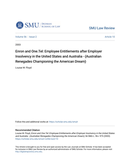 Enron and One.Tel: Employee Entitlements After Employer Insolvency in the United States and Australia - (Australian Renegades Championing the American Dream)