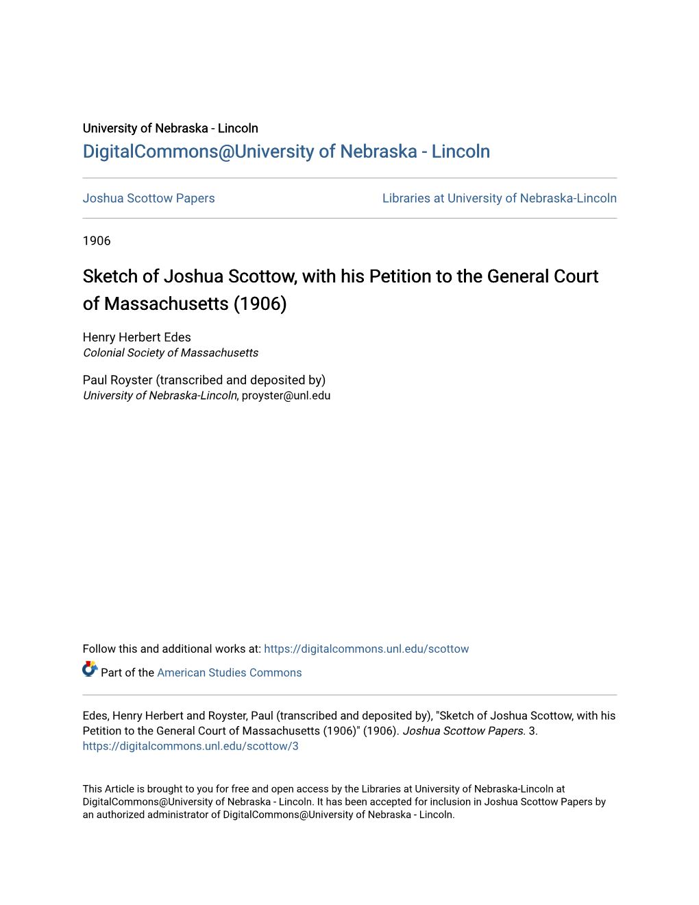 Sketch of Joshua Scottow, with His Petition to the General Court of Massachusetts (1906)