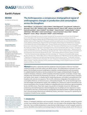 The Anthropocene: a Conspicuous Stratigraphical Signal of 10.1002/2015EF000339 Anthropogenic Changes in Production and Consumption