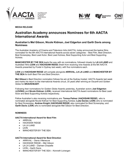 Australian Academy Announces Nominees for 6Th AACTA International Awards