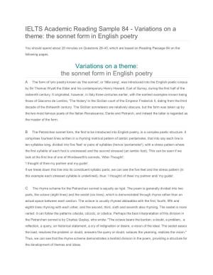 The Sonnet Form in English Poetry Variations on a Theme