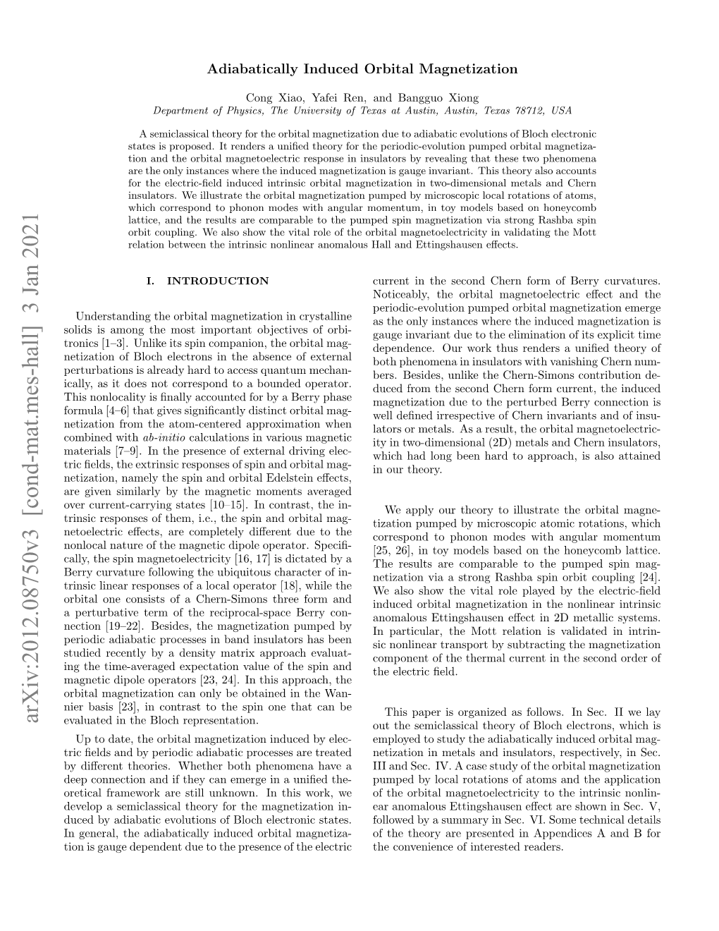 Arxiv:2012.08750V3 [Cond-Mat.Mes-Hall] 3 Jan 2021 Evaluated in the Bloch Representation