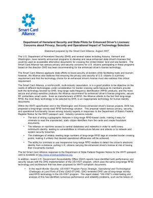 Department of Homeland Security and State Pilots for Enhanced Driver's Licenses: Concerns About Privacy, Security and Operational Impact of Technology Selection