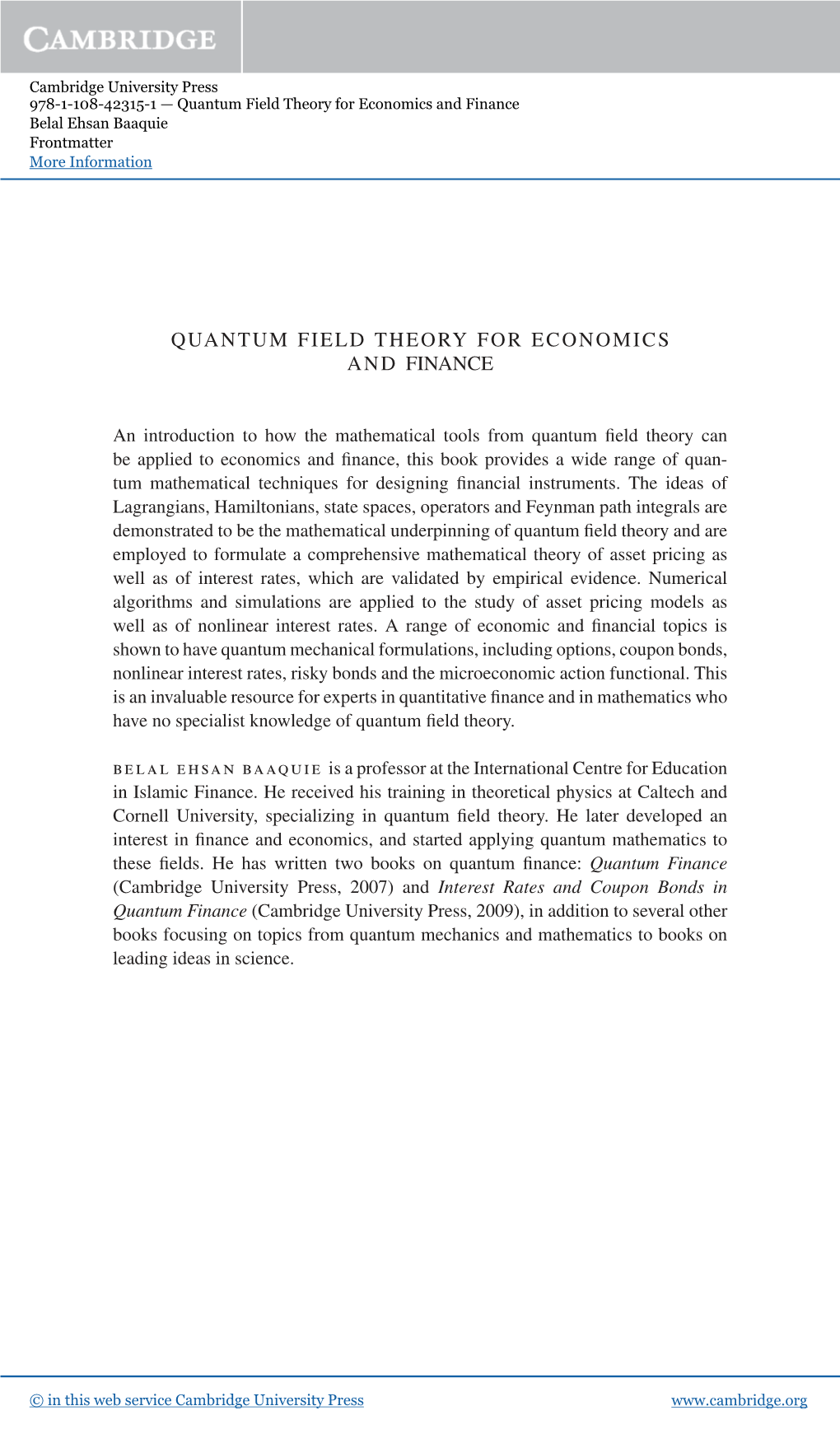 Quantum Field Theory for Economics and Finance Belal Ehsan Baaquie Frontmatter More Information