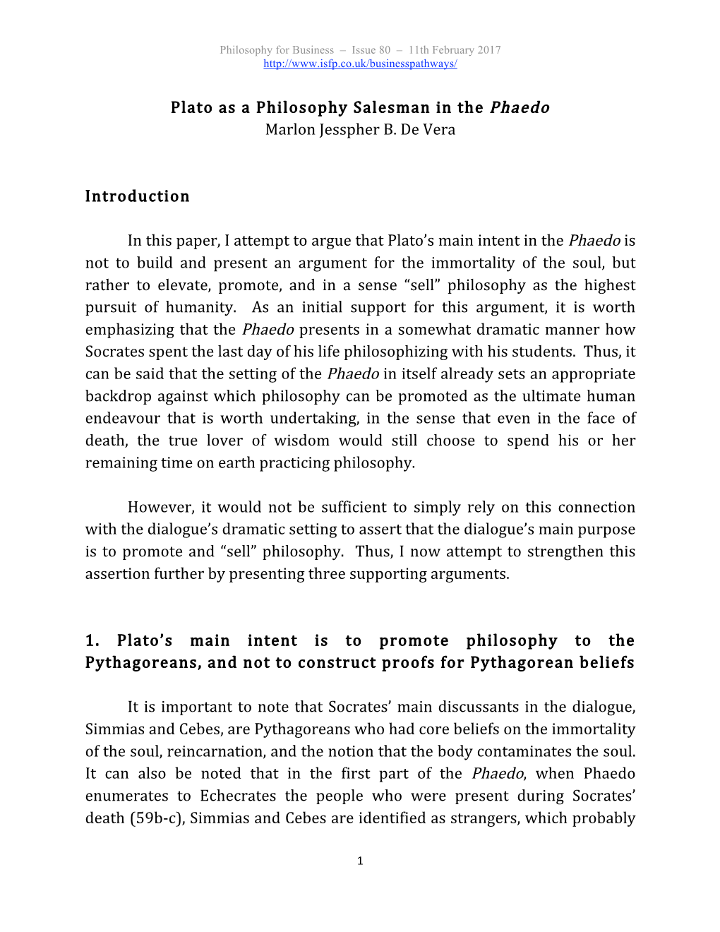 Plato As a Philosophy Salesman in the Phaedo Marlon Jesspher B