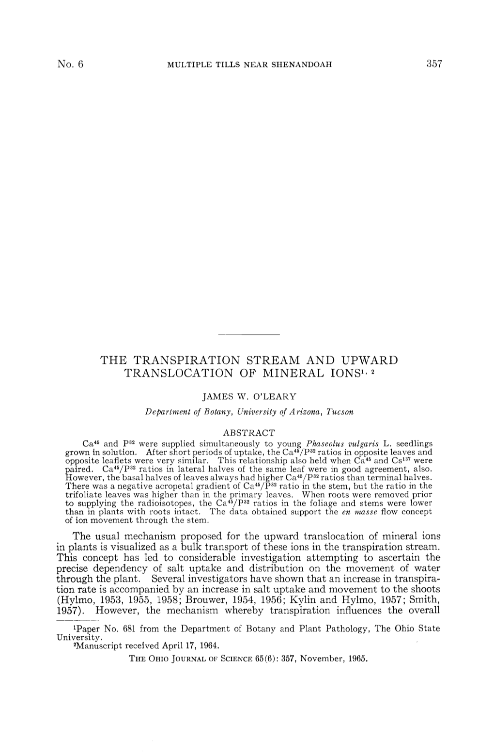 The Transpiration Stream and Upward Translocation of Mineral Ions1' 2