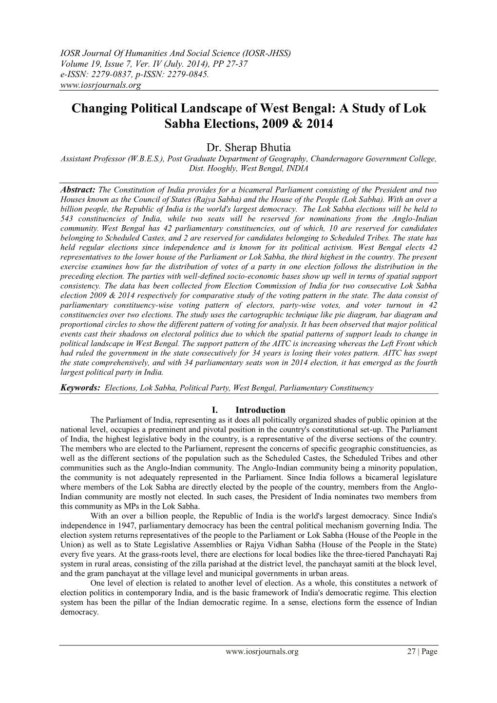 Changing Political Landscape of West Bengal: a Study of Lok Sabha Elections, 2009 & 2014