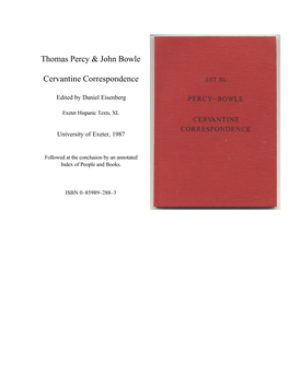 Cervantine Correspondence of Thomas Percy and John Bowle