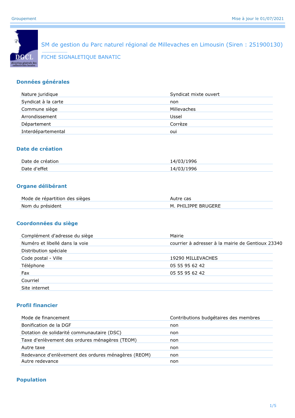 SM De Gestion Du Parc Naturel Régional De Millevaches En Limousin (Siren : 251900130)