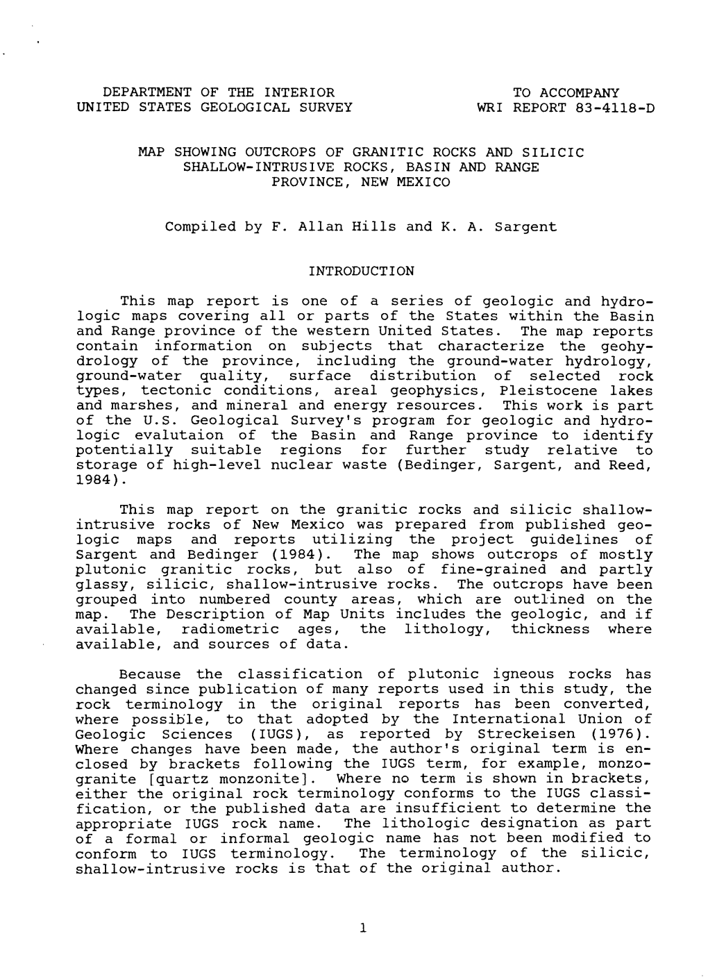 Compiled by F. Allan Hills and KA Sargent This Map Report Is One of a Series of Geologic and Hydro