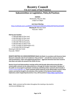 Reentry Council City & County of San Francisco Subcommittee on Legislation, Policy & Practices