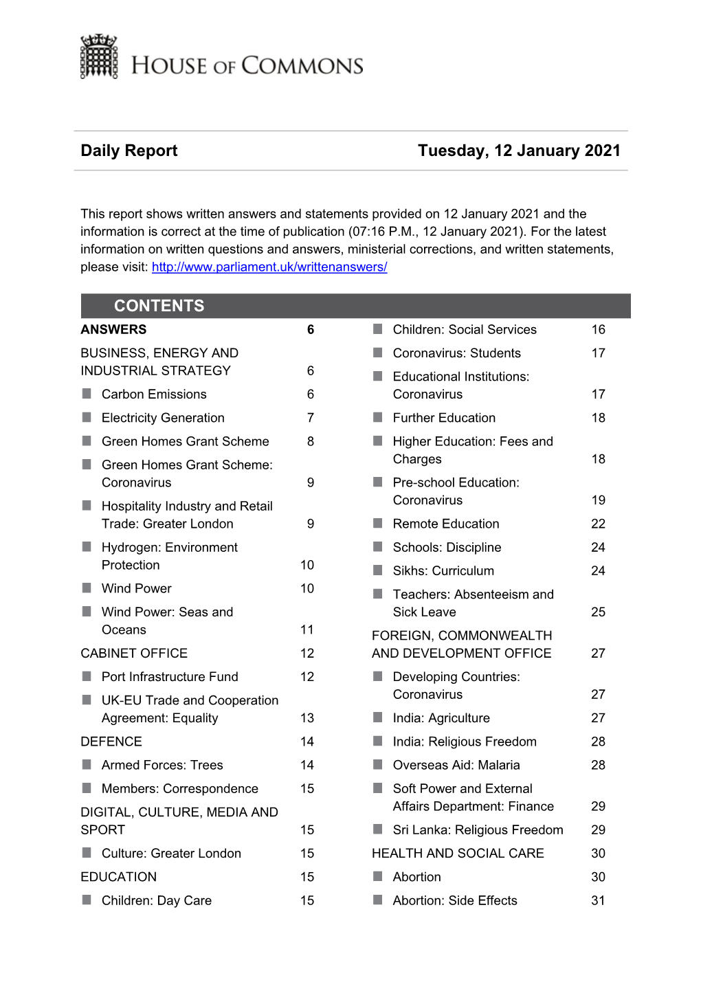Daily Report Tuesday, 12 January 2021 CONTENTS