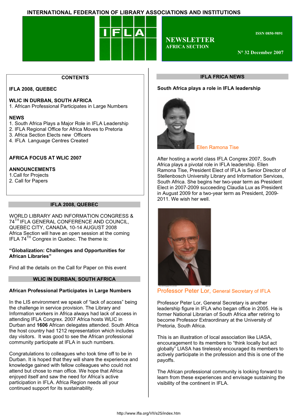 NEWSLETTER AFRICA SECTION N° 32 December 2007