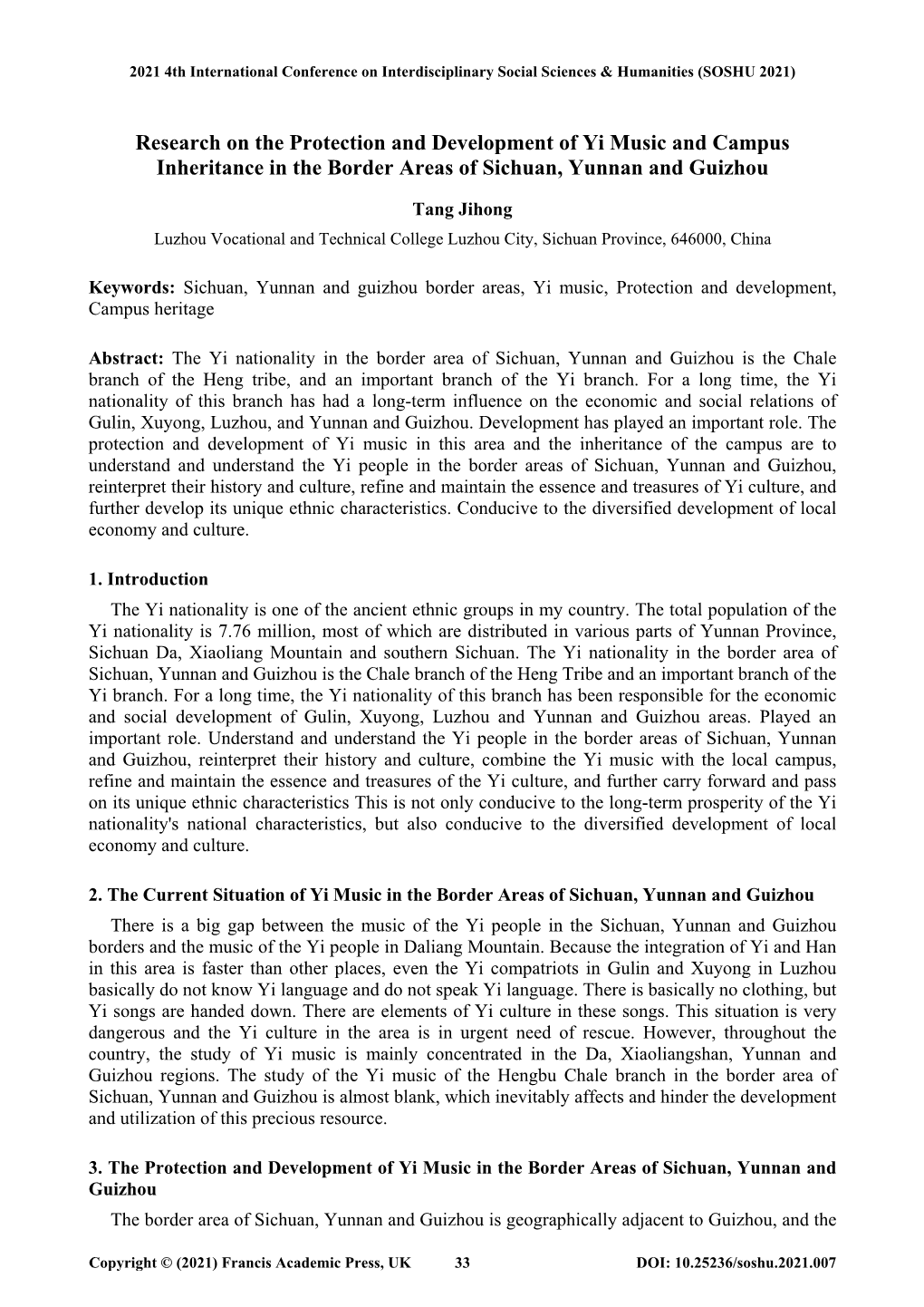 Research on the Protection and Development of Yi Music and Campus Inheritance in the Border Areas of Sichuan, Yunnan and Guizhou