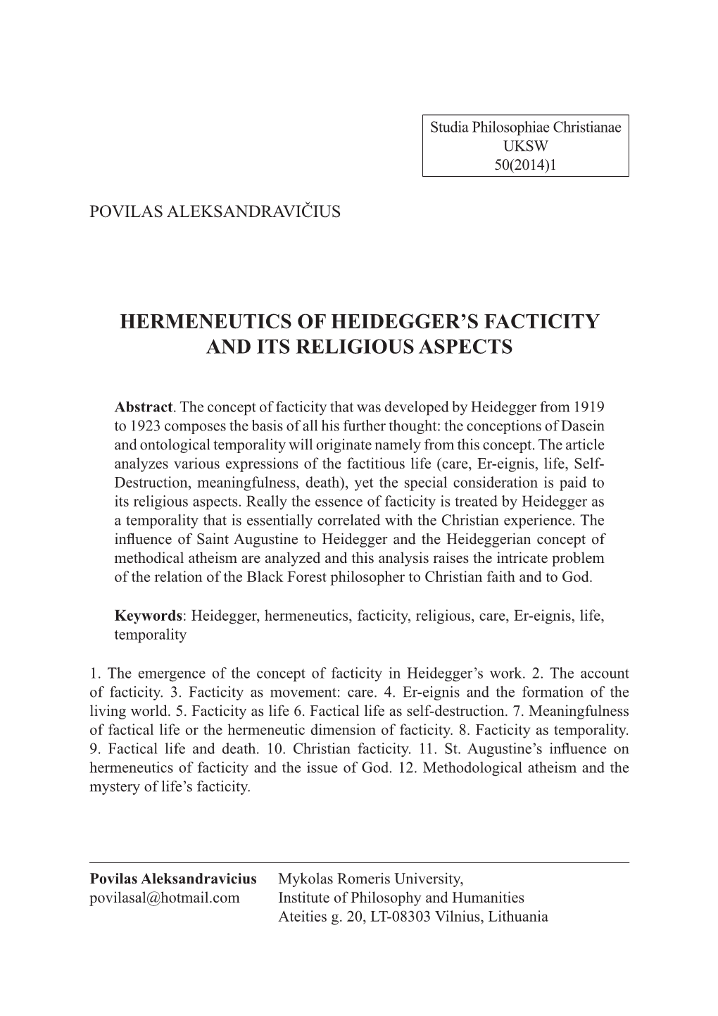 Hermeneutics of Heidegger's Facticity and Its Religious Aspects