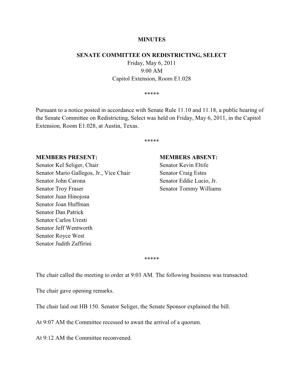 Minutes Senate Committee on Redistricting, Select