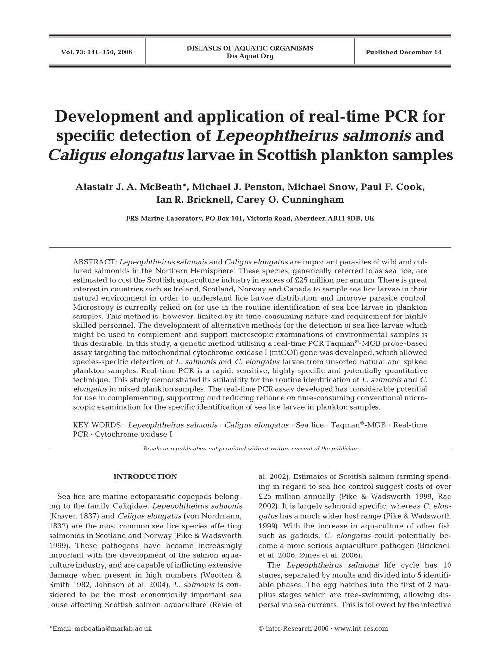 Development and Application of Real-Time PCR for Specific Detection of Lepeophtheirus Salmonis and Caligus Elongatus Larvae in Scottish Plankton Samples