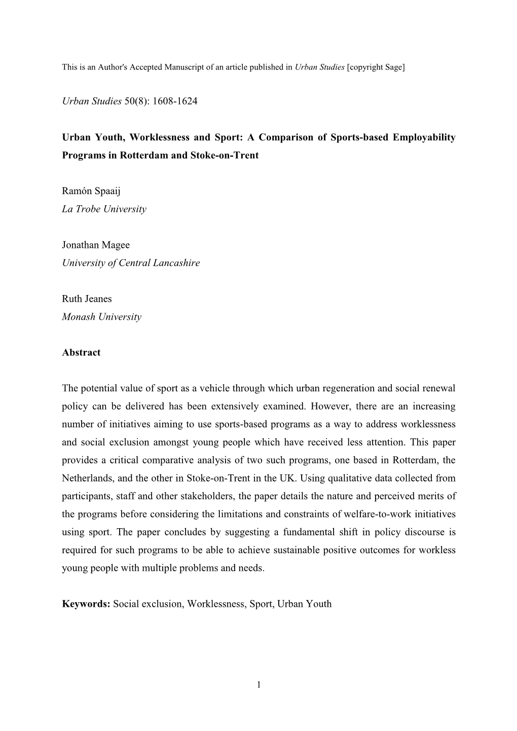 Sport, Worklessness and Urban Youth: a Comparison of Sport-Based