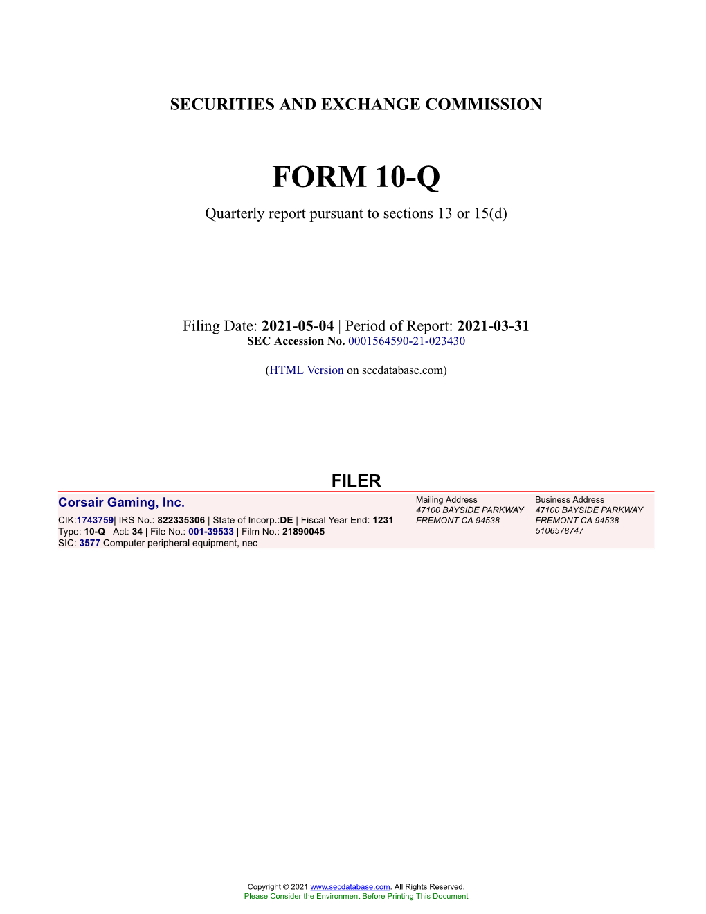Corsair Gaming, Inc. Form 10-Q Quarterly Report Filed 2021-05-04