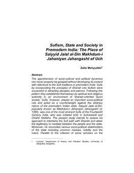 Sufism, State and Society in Premodern India: the Place of Saiyyid Jalal Al-Din Makhdum-I Jahaniyan Jahangasht of Uch