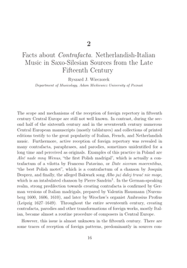 2 Facts About Contrafacta. Netherlandish-Italian Music in Saxo-Silesian Sources from the Late Fifteenth Century Ryszard J