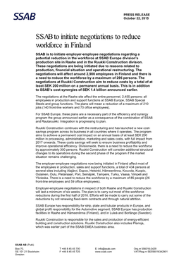 SSAB to Initiate Negotiations to Reduce Workforce in Finland
