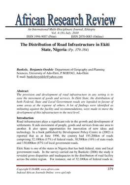 The Distribution of Road Infrastructure in Ekiti State, Nigeria (Pp. 379-384)