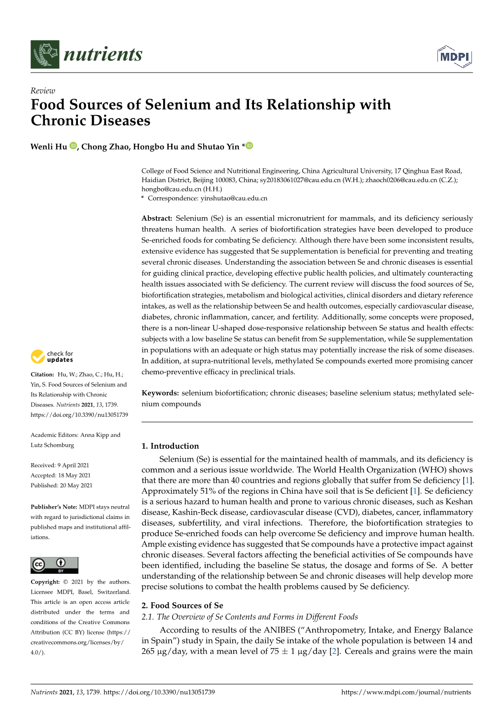 Food Sources of Selenium and Its Relationship with Chronic Diseases