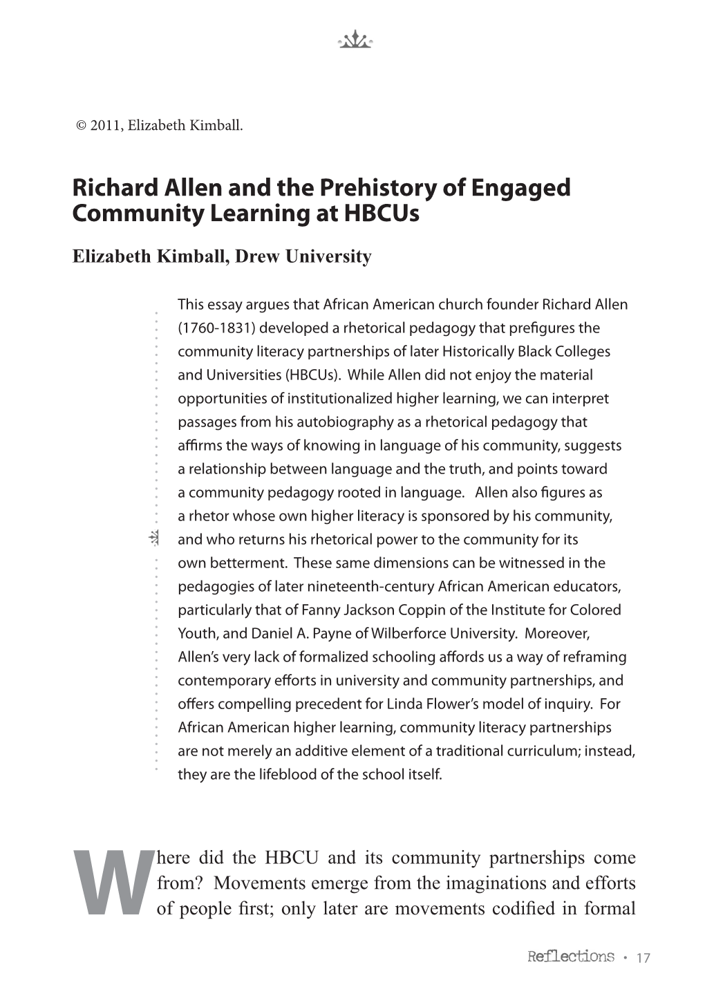 Richard Allen and the Prehistory of Engaged Community Learning at Hbcus