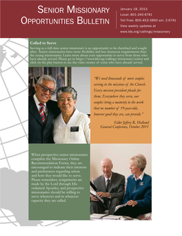 Senior Missionary Opportunities Bulletin to Get General Ideas of Recommendation Forms to Church Headquarters