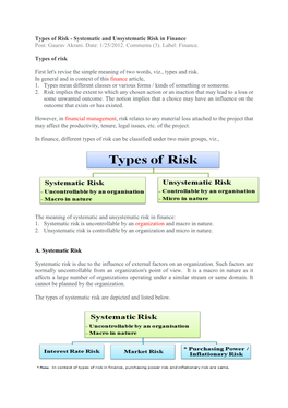 Types of Risk - Systematic and Unsystematic Risk in Finance Post: Gaurav Akrani