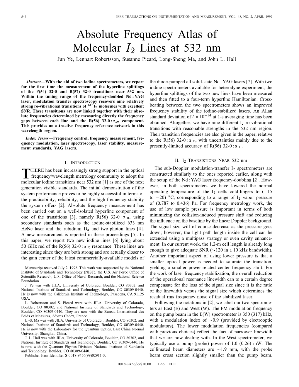 Absolute Frequency Atlas of Molecular I/Sub 2