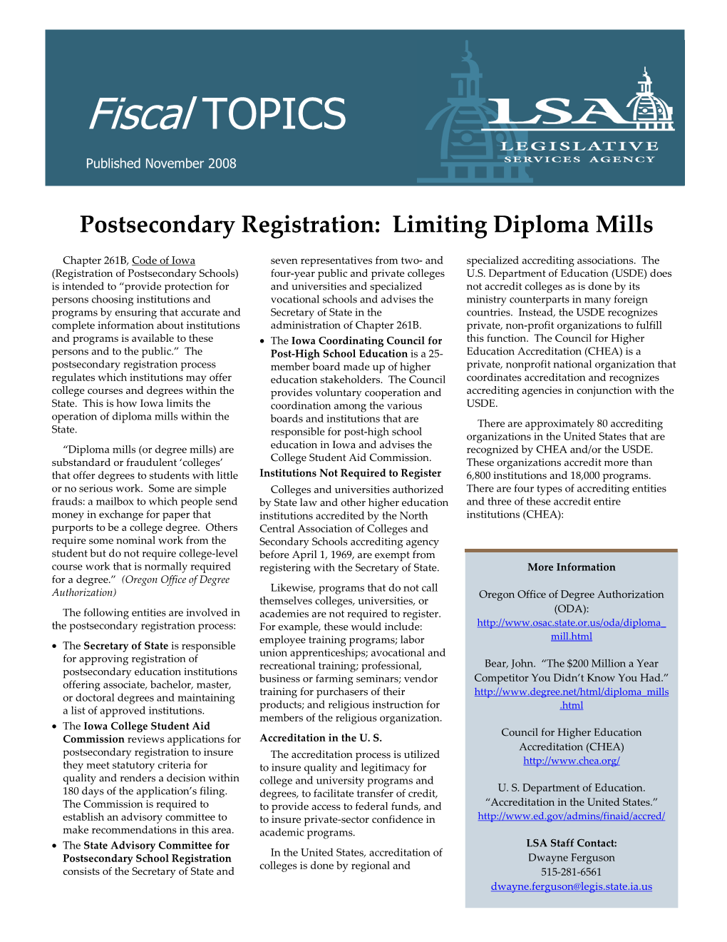 Postsecondary Registration: Limiting Diploma Mills Fiscal TOPICS