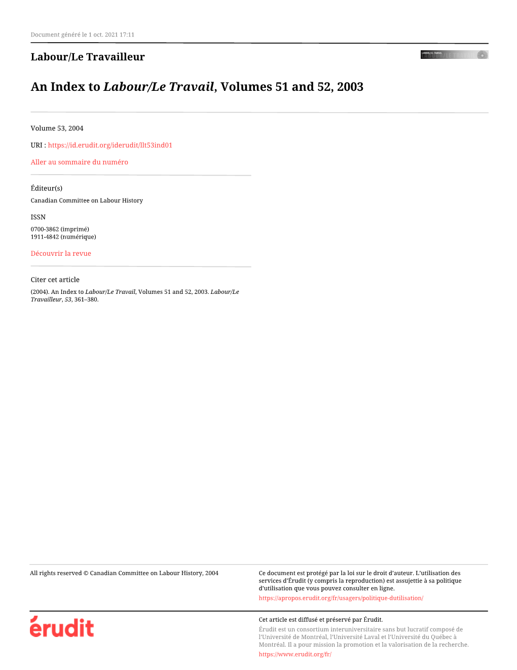 An Index to Labour/Le Travail, Volumes 51 and 52, 2003