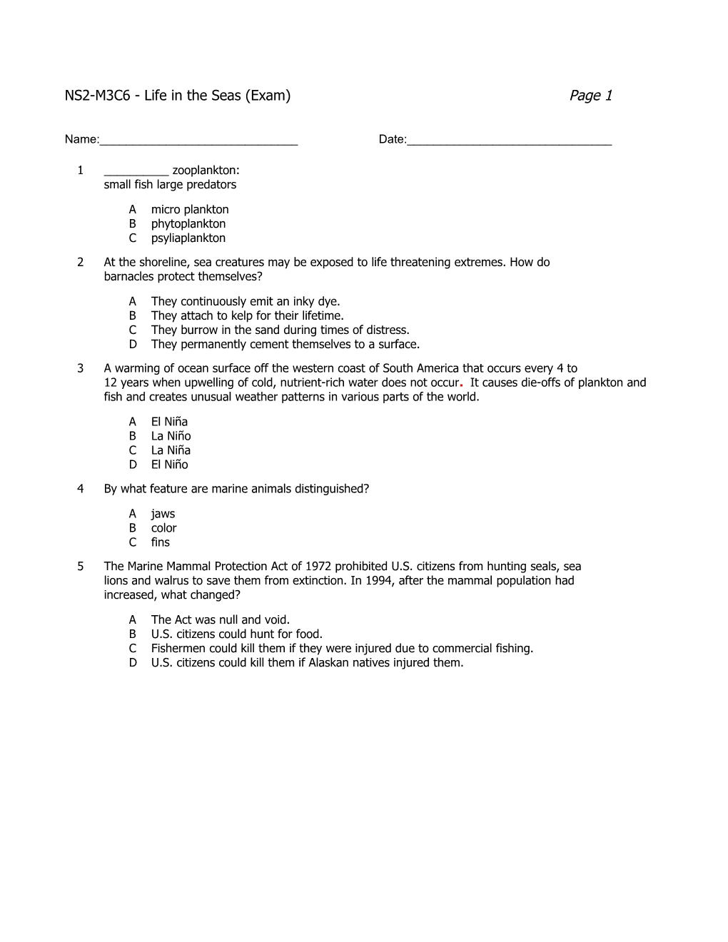 NS2-M3C6 - Life in the Seas (Exam)Page 1