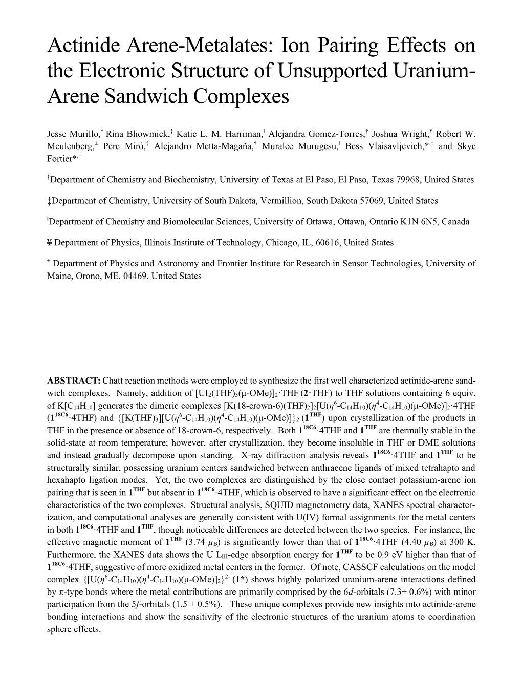 Actinide Arene-Metalates: Ion Pairing Effects on the Electronic Structure of Unsupported Uranium- Arene Sandwich Complexes