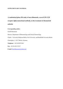 A Randomised Phase Iib Study of Mavrilimumab, a Novel GM−CSF Receptor Alpha Monoclonal Antibody, in the Treatment of Rheumatoid Arthritis